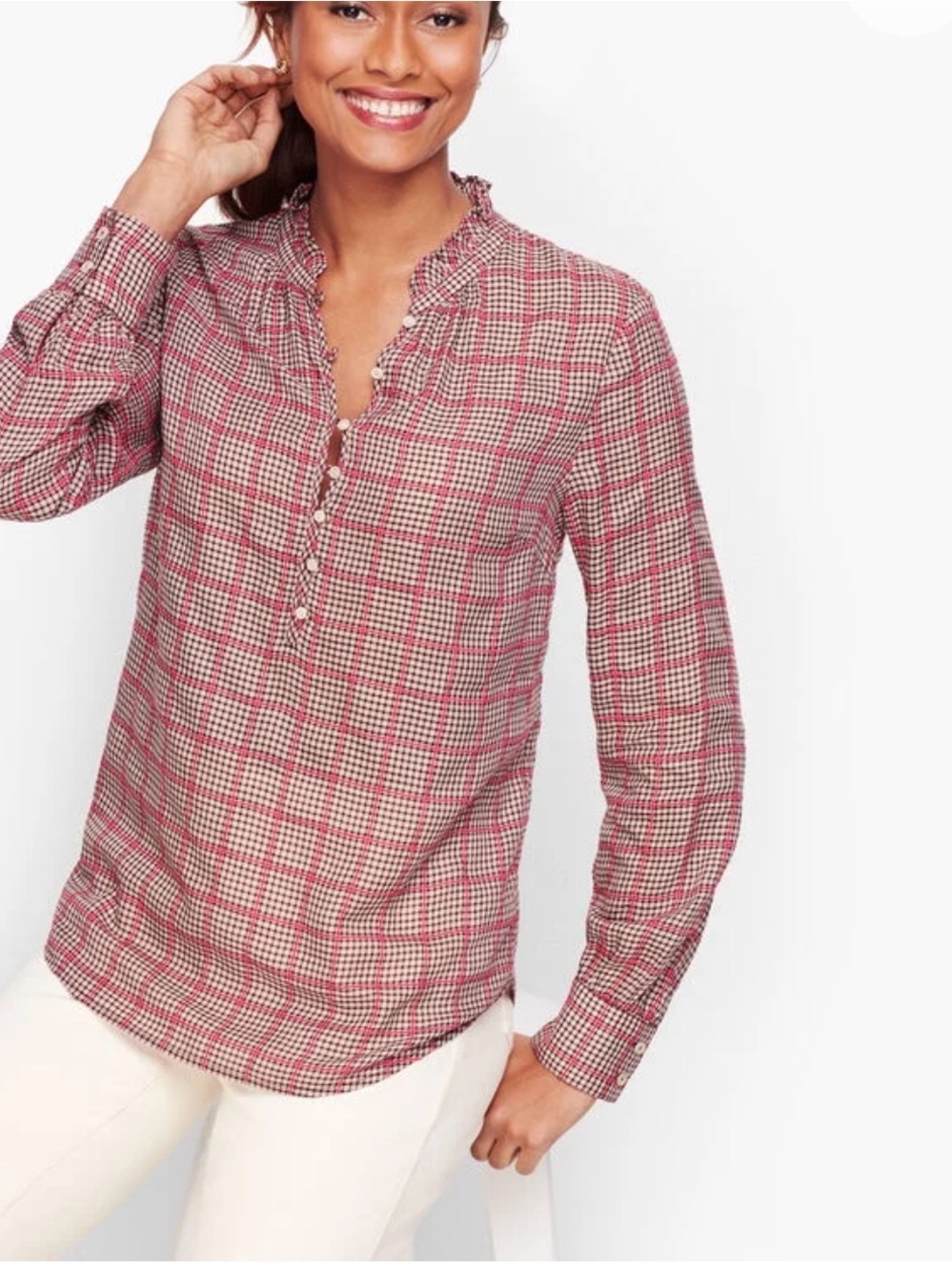Talbots Easy Plaid Popover Long Sleeve Top